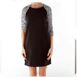 LOFT Black Dress with Striped Sleeves